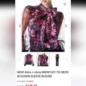Alice + Olivia Floral Tie Neck Blouse - Pink and Black